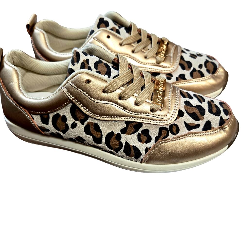 Women's 8 (39) Fashion Chetah Print Tennis Shoe Athletic Sneaker Gold